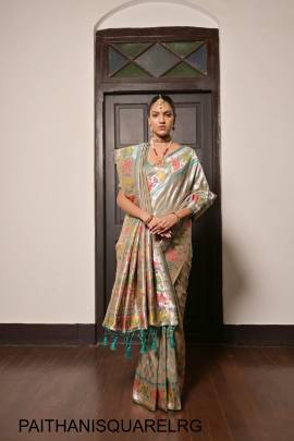 Pure Soft Paithani Silk Saree with Beautiful Lotus Weaving Border in Light Rama Green