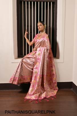 Pure Soft Paithani Silk Saree with Beautiful Lotus Weaving Border in Light Pink