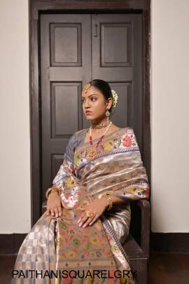 Pure Soft Paithani Silk Saree with Beautiful Lotus Weaving Border in Light Grey