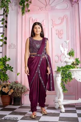 Purple IMPORTED FABRIC  DHOTI PATTERN WITH MIRROR WORK+BORDER+MIRROR WORK BELT