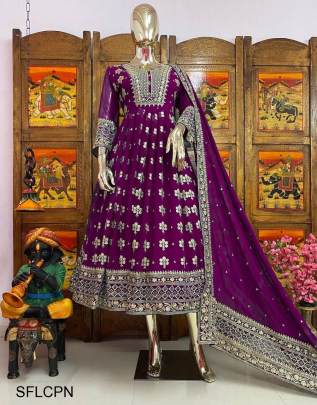 Purple New Designer Embroidery Work FULLY Stitched Fancy Buttons Anarkali