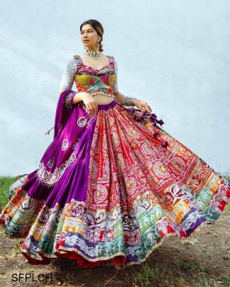 Purple Printed Lehenga Choli In Heavy Muslin Cotton