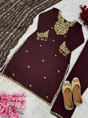 Ready To Wear Pure Chinnon With Embroidery Sequence Work Top Bottom And Dupatta Set in Dark Brown