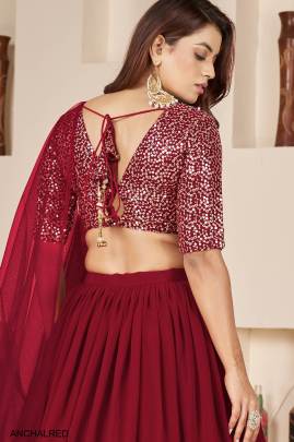 Red Georgette Lehenga Choli From Anchal by Zeel Clothing