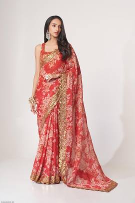 Red Organza Floral Sarees Vol 1 by Zeel Clothing