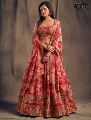 Red Organza Lehenga Choli From Floral Vol 2 by Zeel Clothing