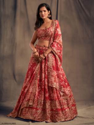 Red Organza Lehenga Choli From Floral Vol 2 by Zeel Clothing