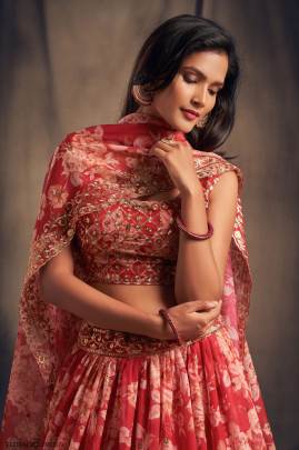 Red Organza Lehenga Choli From Floral Vol 2 by Zeel Clothing