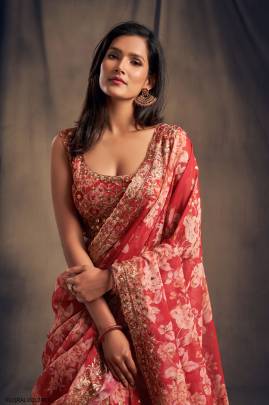 Red Organza Lehenga Choli From Floral Vol 2 by Zeel Clothing