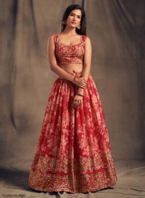 Red Organza Lehenga Choli From Floral Vol 2 by Zeel Clothing