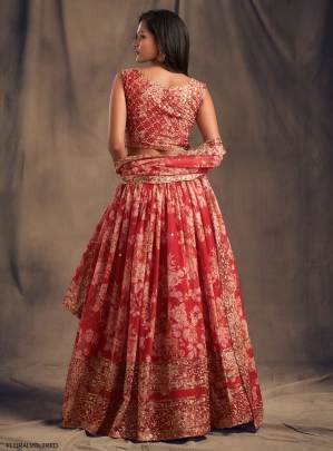 Red Organza Lehenga Choli From Floral Vol 2 by Zeel Clothing