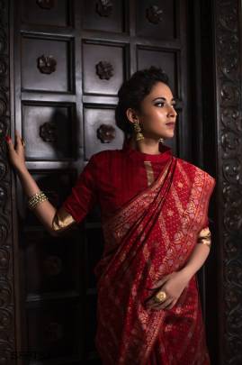 Red Pure Tussar Silk Jamdani Weaving Saree