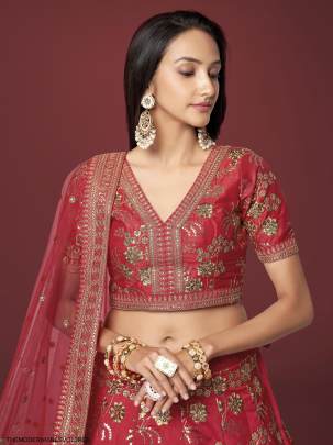 Red Slub Silk Lehenga Choli From The Modern Vibes Vol 2 by Zeel Clothing