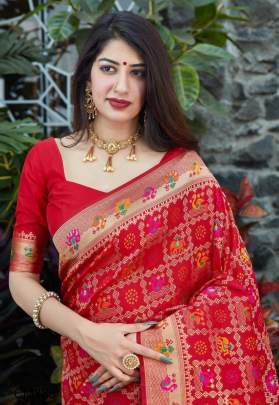 Red Soft Lichi Silk Organic Banarasi Saree Indian Wedding CM385