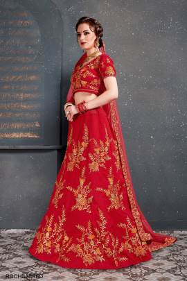 Red Slub Silk Lehenga Choli From Roohbab by Zeel Clothing