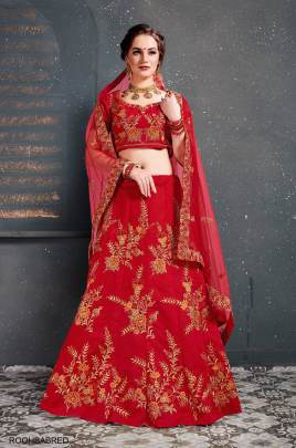 Red Slub Silk Lehenga Choli From Roohbab by Zeel Clothing