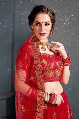 Red Slub Silk Lehenga Choli From Roohbab by Zeel Clothing