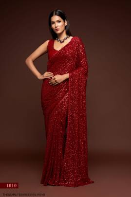 Ruby Red Georgette Multiple Sequence Embroidery The Starlite Sarees Vol 1 By Zeel Clothing