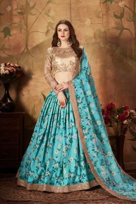 Sky Blue and Beige Organza Lehenga Choli From Floral Vol 1 by Zeel Clothing