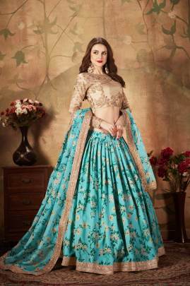 Sky Blue and Beige Organza Lehenga Choli From Floral Vol 1 by Zeel Clothing