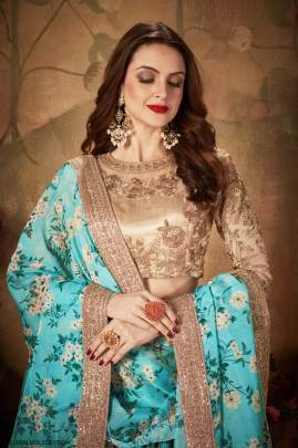 Sky Blue and Beige Organza Lehenga Choli From Floral Vol 1 by Zeel Clothing