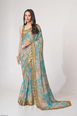 Sky Blue Organza Floral Sarees Vol 1 by Zeel Clothing