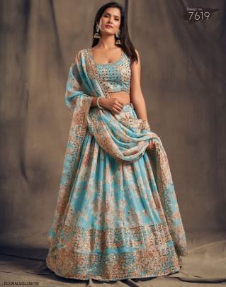 Sky Blue Organza Lehenga Choli From Floral Vol 2 by Zeel Clothing