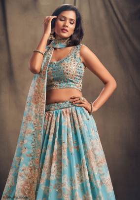 Sky Blue Organza Lehenga Choli From Floral Vol 2 by Zeel Clothing