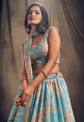 Sky Blue Organza Lehenga Choli From Floral Vol 2 by Zeel Clothing