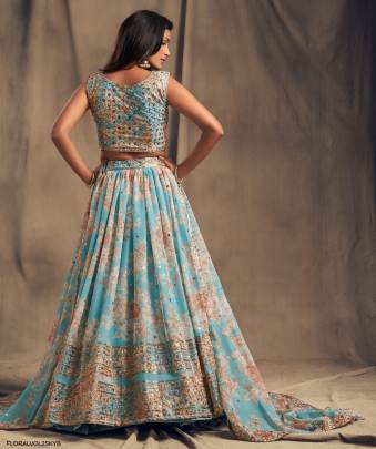 Sky Blue Organza Lehenga Choli From Floral Vol 2 by Zeel Clothing