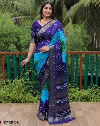 Sky Blue Original Bandhej with Zari Weaving Border With Zari Weaving Rich Pallu 