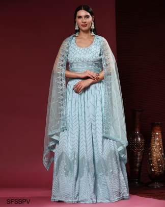 Sky blue Pure Viscose Georgette Fabric Sequin Embridery With Handwork