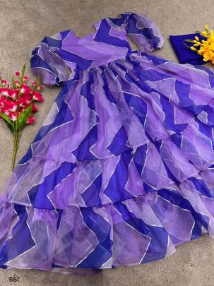 Sky Color Party Wear Look Digital Print and Ribbon Work Gown With Ruffle Flair