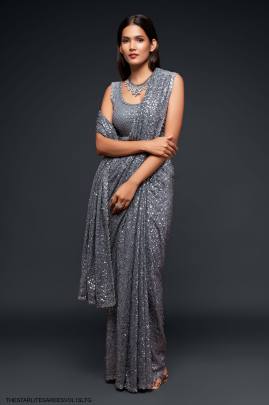 Slate Grey Georgette Multiple Sequence Embroidery The Starlite Sarees Vol 1 By Zeel Clothing