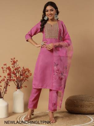 Slub Cotton New Designers Kurti Pent Dupatta Set in Light Pink