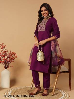 Slub Cotton New Designers Kurti Pent Dupatta Set in Rani