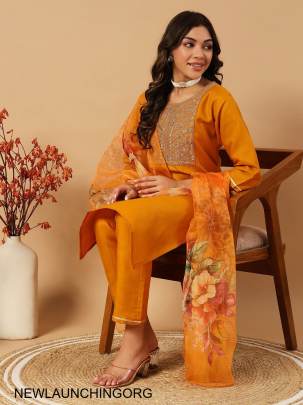 Slub Cotton New Designers Kurti Pent Dupatta Set in Orange