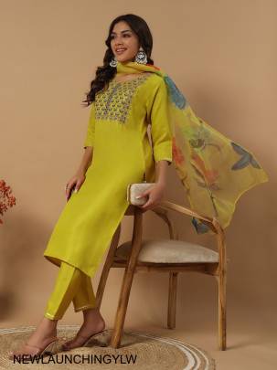 Slub Cotton New Designers Kurti Pent Dupatta Set in Yellow