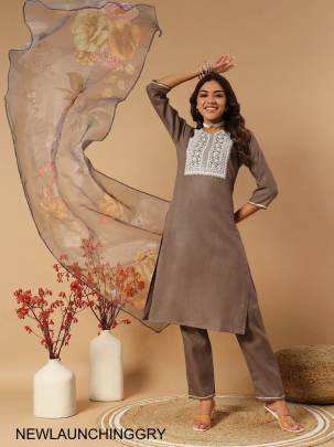 Slub Cotton New Designers Kurti Pent Dupatta Set in Grey