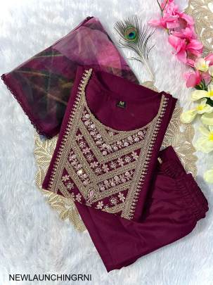 Slub Cotton New Designers Kurti Pent Dupatta Set in Rani