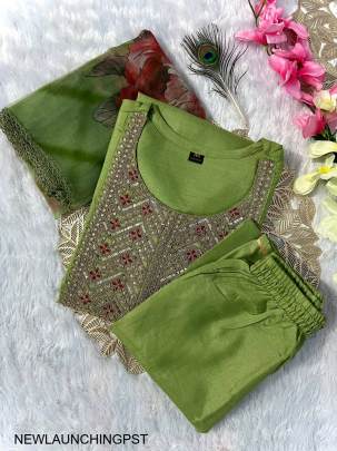 Slub Cotton New Designers Kurti Pent Dupatta Set in Pista