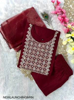 Slub Cotton New Designers Kurti Pent Dupatta Set in Maroon