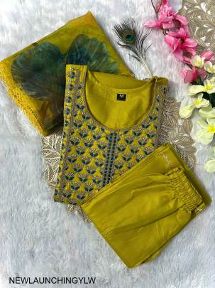 Slub Cotton New Designers Kurti Pent Dupatta Set in Yellow