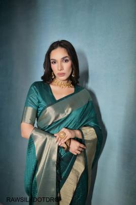 Soft Banarasi Raw Silk Saree in Dark Rama Green