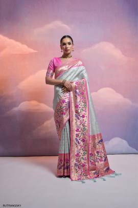 Soft Banarasi Silk Paithani Saree in Light Sky