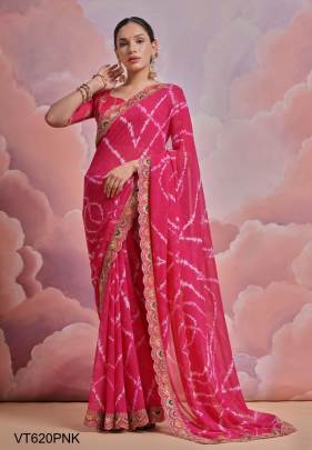 Soft Georgette Saree with Bandhej Print in Pink