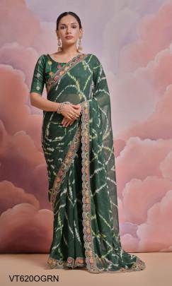 Soft Georgette Saree with Bandhej Print in Olive Green