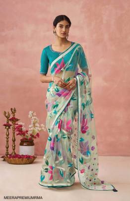 Soft Onyx Brasso Organza Saree in Rama