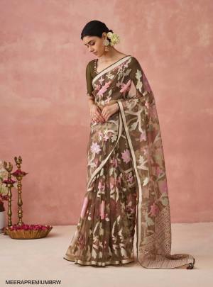 Soft Onyx Brasso Organza Saree in Brown