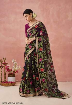 Soft Onyx Brasso Organza Saree in Black Multicolor